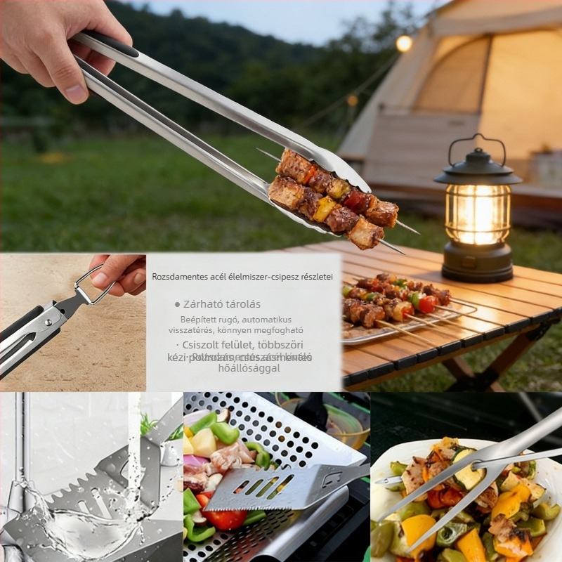 6 részes kültéri grillszerszám készlet kempingezéshez