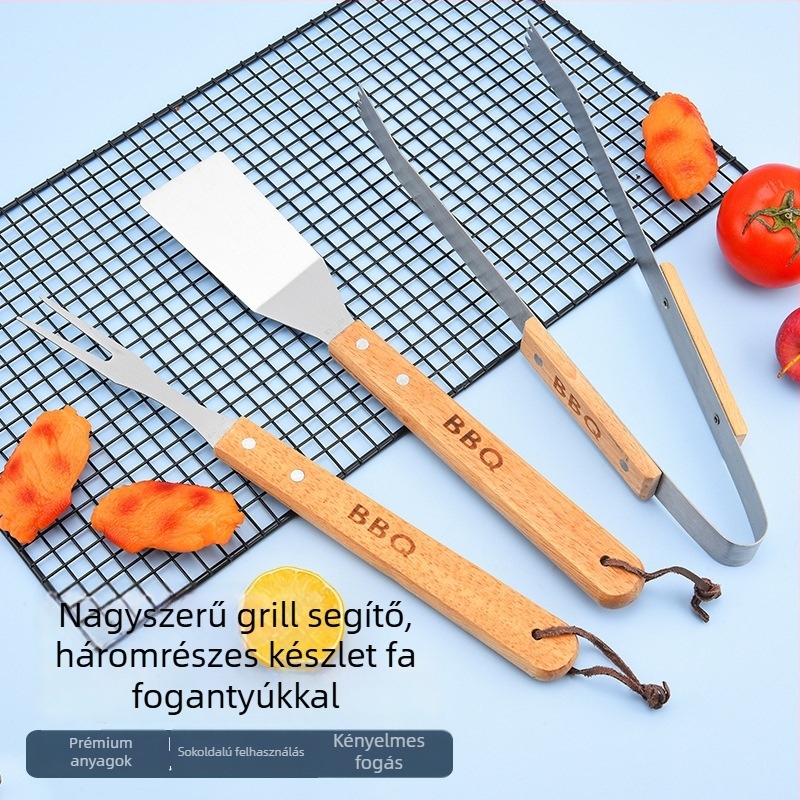 Fa markolatú rozsdamentes acél grill készlet, három darab: villa, fogó és spatula