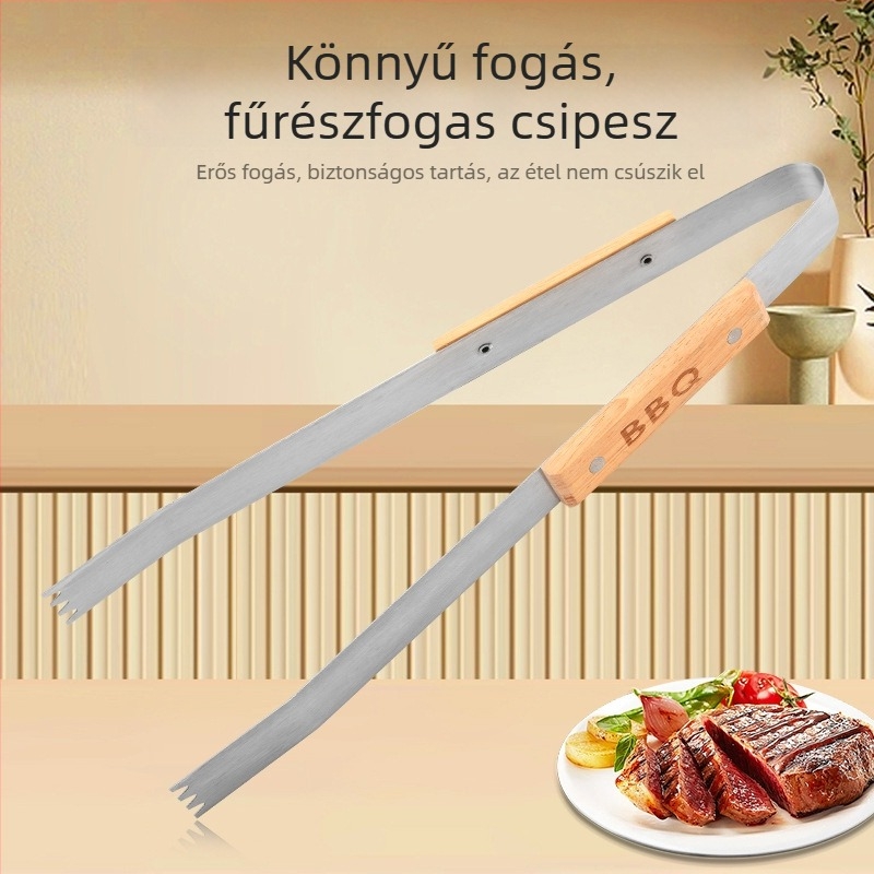 Fa markolatú rozsdamentes acél grill készlet, három darab: villa, fogó és spatula