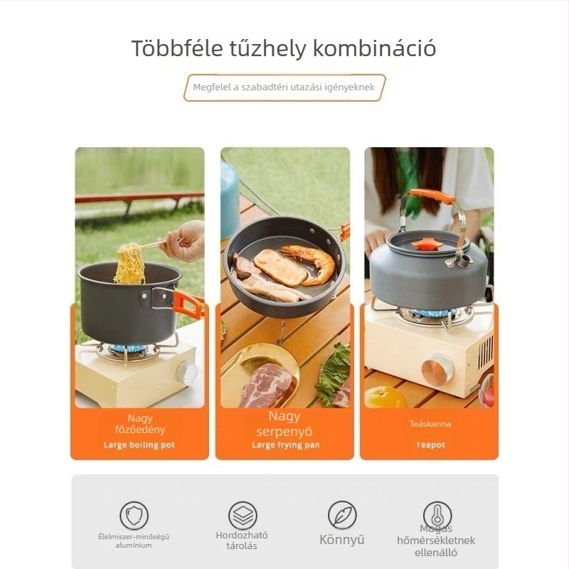 Kemping edények teáskannával és hordozható gázfőzővel – 4 részes készlet