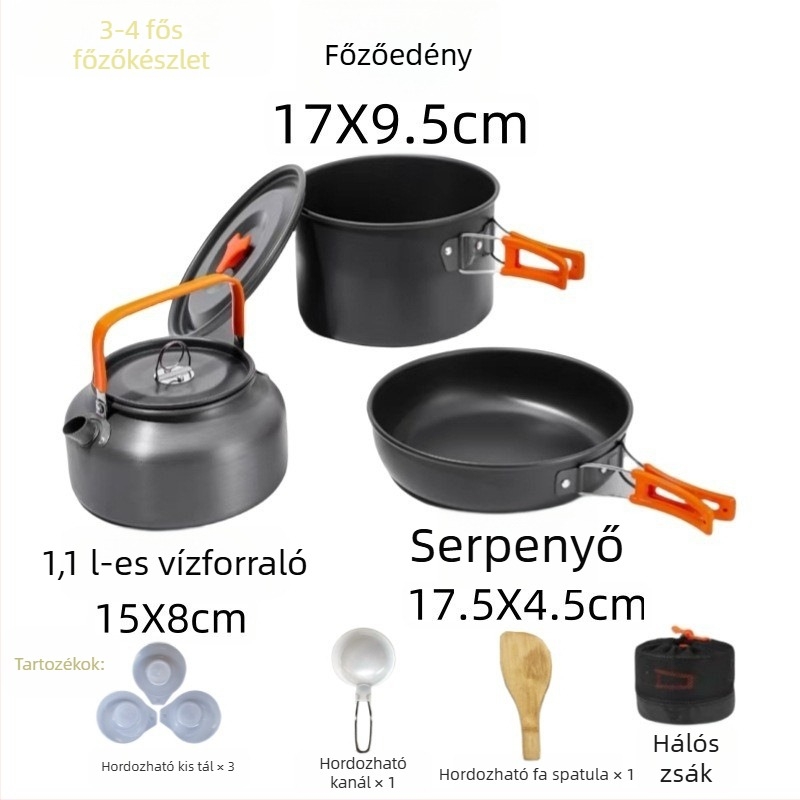 Kemping edények teáskannával és hordozható gázfőzővel – 4 részes készlet