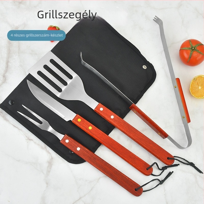 5 részes rozsdamentes acél barbecue szerszámkészlet fa fogantyúval