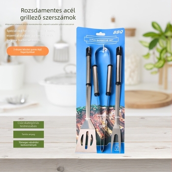 Rozsdamentes acélból készült BBQ eszközök, 3 részes készlet: kapocs, villa, lapát