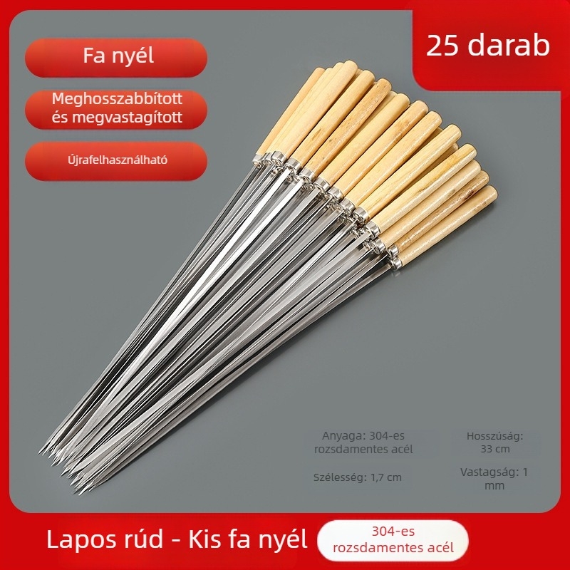 Rozsdamentes acél BBQ nyárs készlet — sík és kör nyársak kültéri grillshez bárányhúshoz