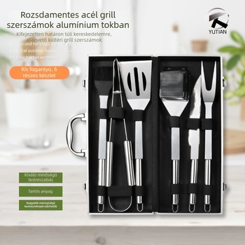 Hat darabos kültéri grillszerszám készlet rozsdamentes acélból, alumínium tokban