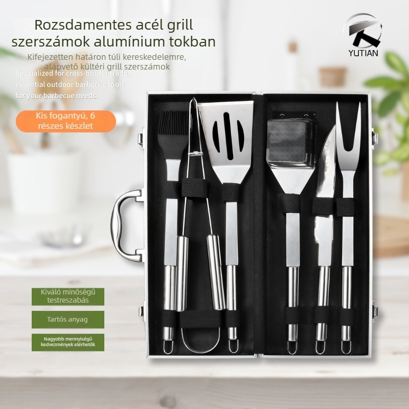 Hat darabos kültéri grillszerszám készlet rozsdamentes acélból, alumínium tokban