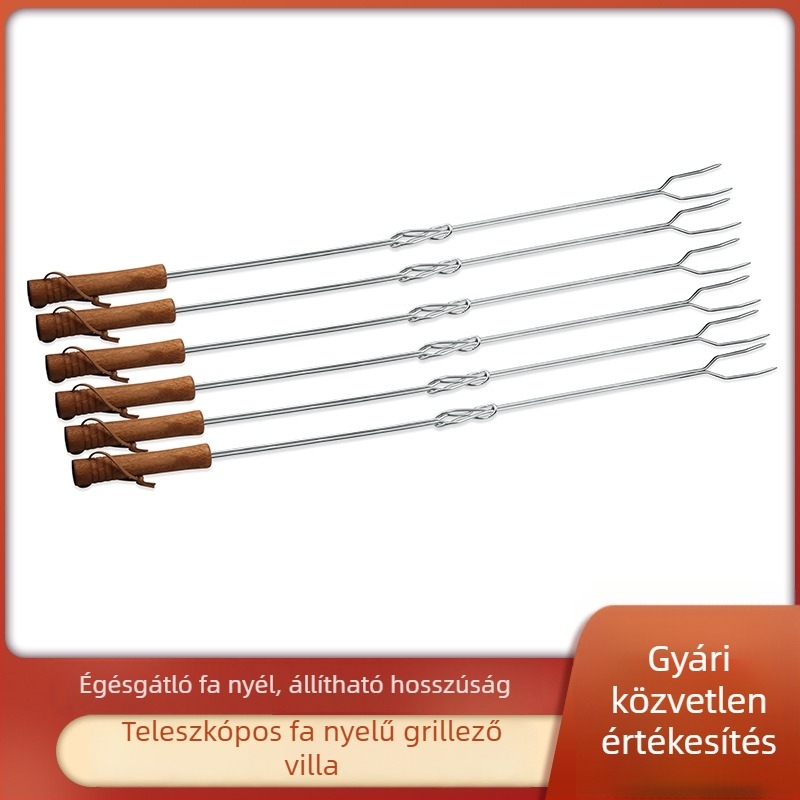 teleszkópos grillvilla fából készült nyéllel, kültéri használatra, alkalmas báránycombhoz és kukoricához, U-alakú nyél