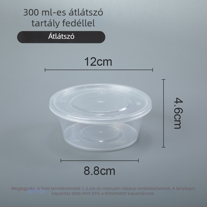 Egyszer használatos műanyag tál fedővel, 300–1000 ml, élelmiszer-minőségű, elvitelhez.