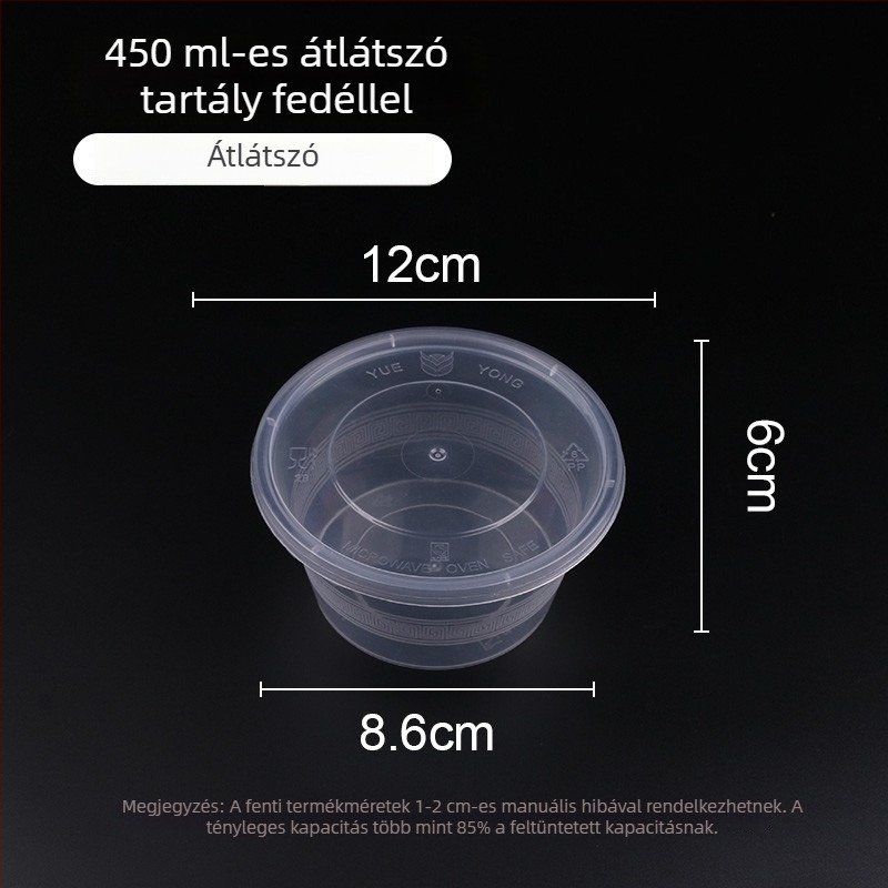 Egyszer használatos műanyag tál fedővel, 300–1000 ml, élelmiszer-minőségű, elvitelhez.