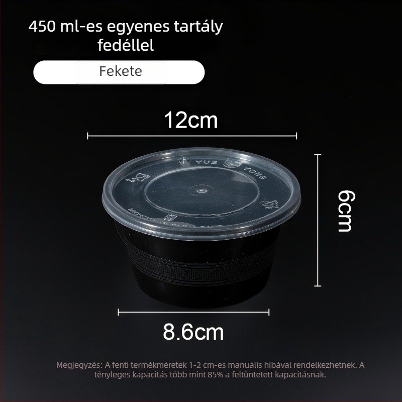 Egyszer használatos műanyag tál fedővel, 300–1000 ml, élelmiszer-minőségű, elvitelhez.