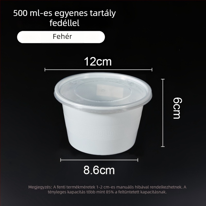 Egyszer használatos műanyag tál fedővel, 300–1000 ml, élelmiszer-minőségű, elvitelhez.