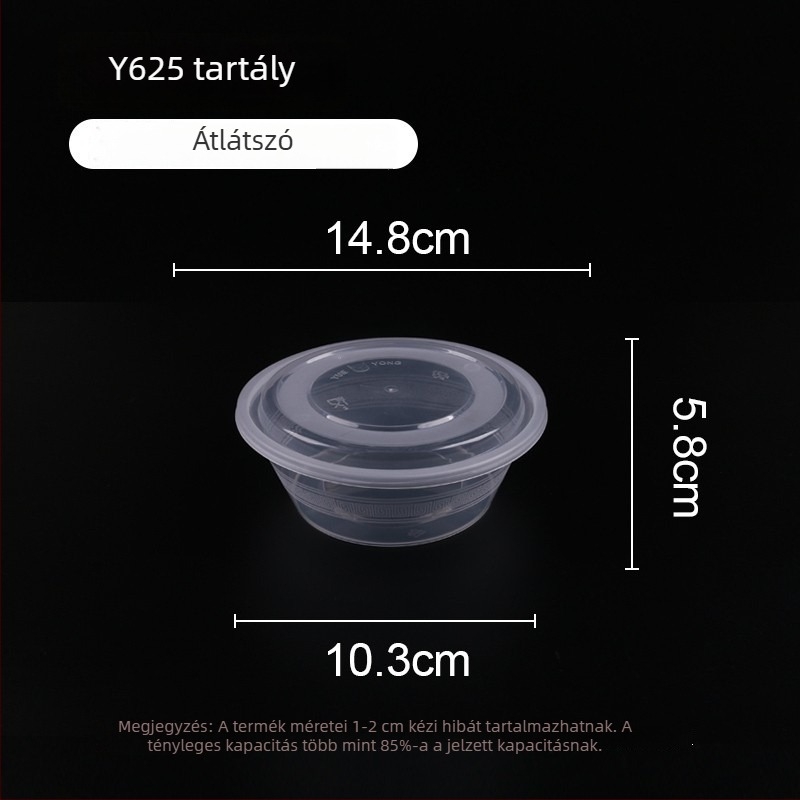 Egyszer használatos műanyag tál fedővel, 300–1000 ml, élelmiszer-minőségű, elvitelhez.