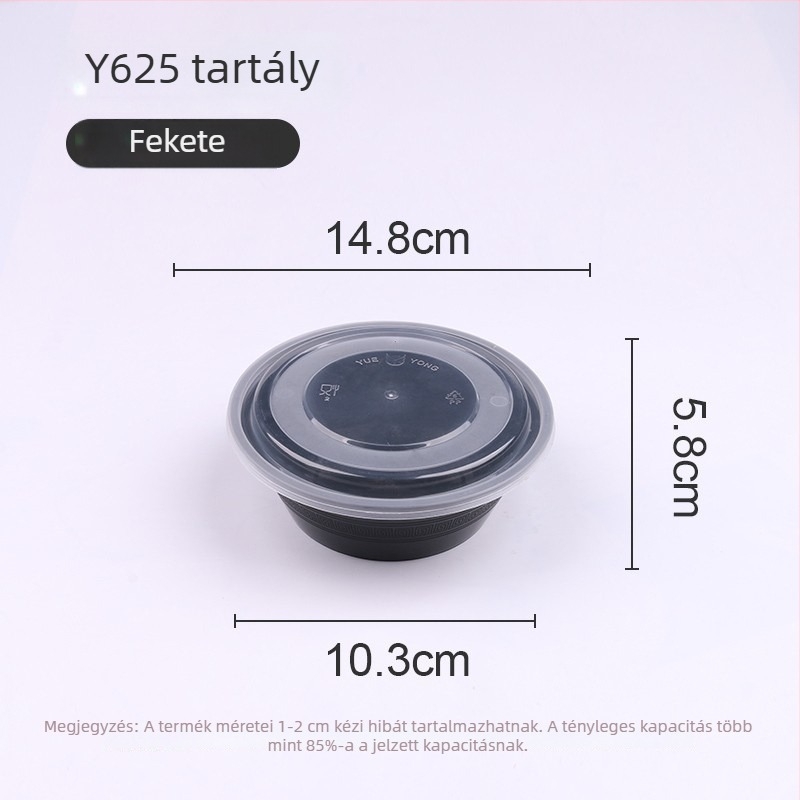 Egyszer használatos műanyag tál fedővel, 300–1000 ml, élelmiszer-minőségű, elvitelhez.