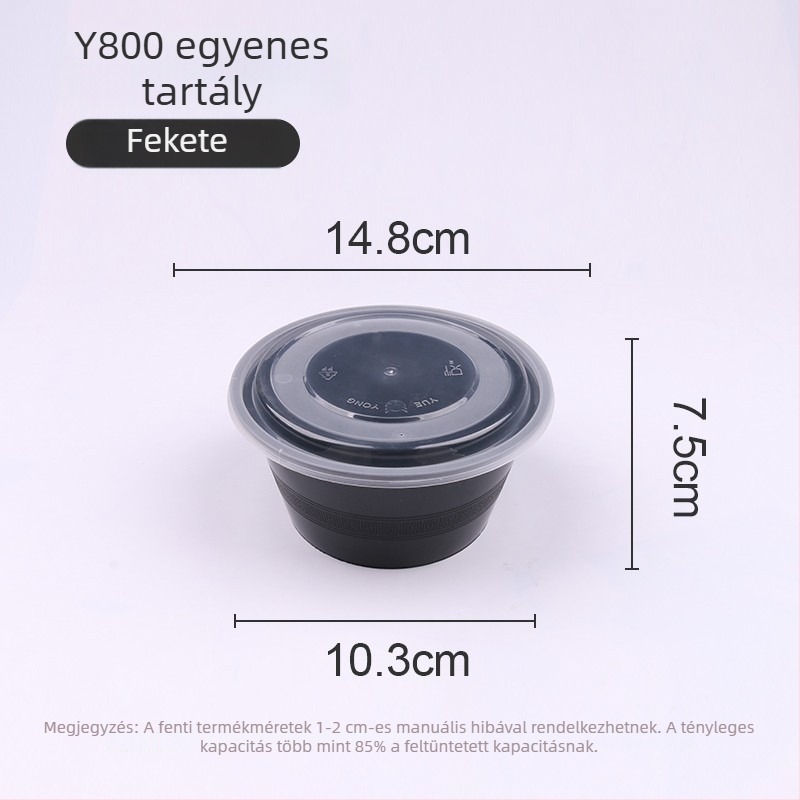 Egyszer használatos műanyag tál fedővel, 300–1000 ml, élelmiszer-minőségű, elvitelhez.