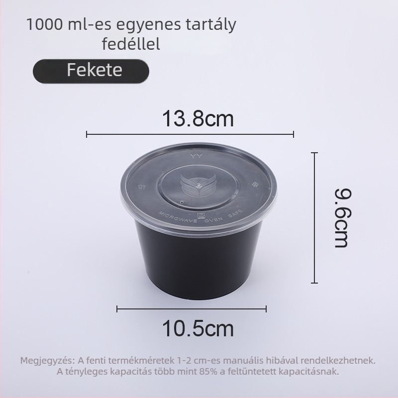 Egyszer használatos műanyag tál fedővel, 300–1000 ml, élelmiszer-minőségű, elvitelhez.