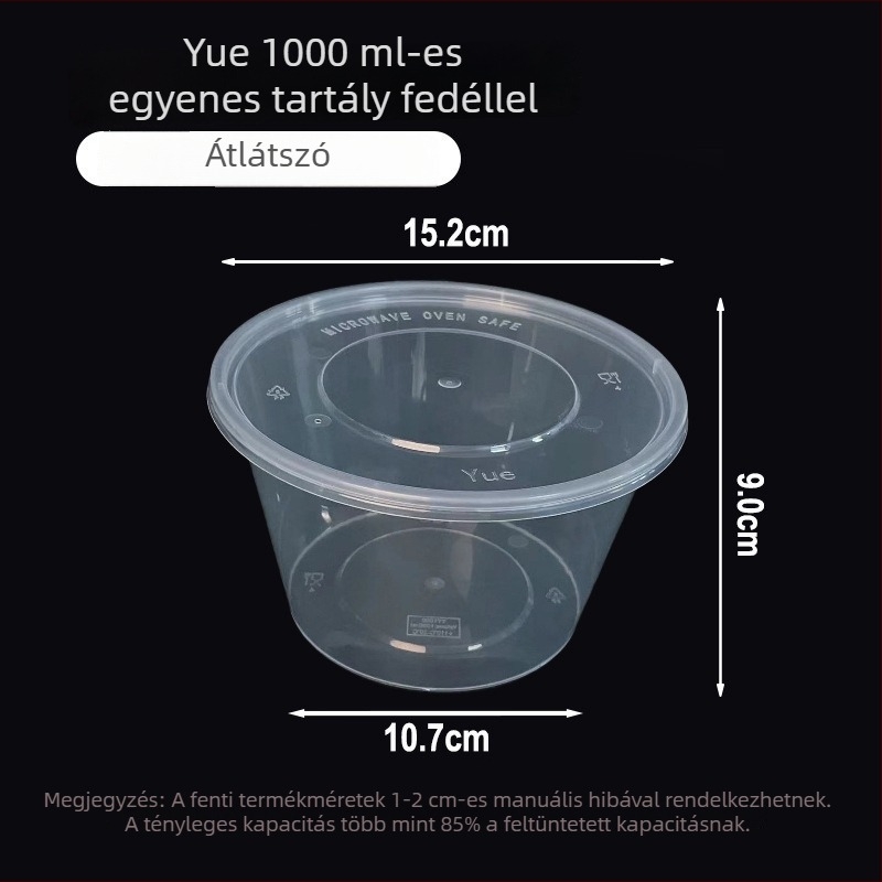 Egyszer használatos műanyag tál fedővel, 300–1000 ml, élelmiszer-minőségű, elvitelhez.