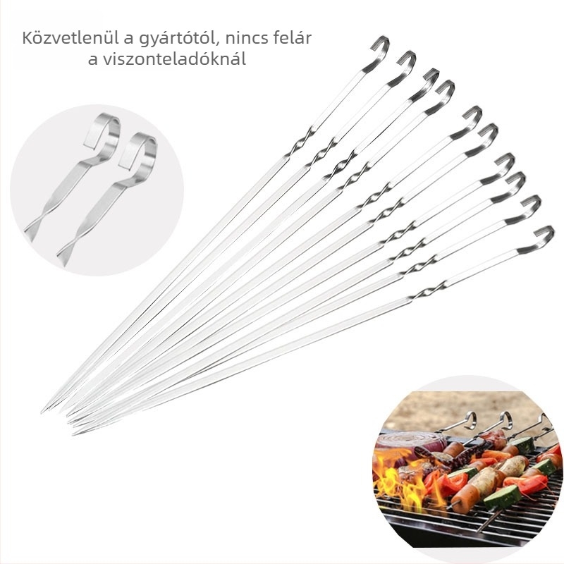 Rozsdamentes acélból készült kültéri BBQ nyársak, sík profilú, masszívak, kilenc fordulatos spirális mintázattal, hús nyársakhoz
