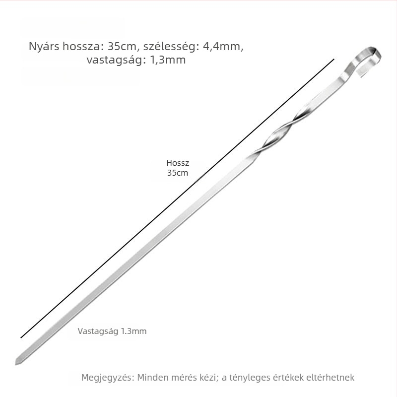 Rozsdamentes acélból készült kültéri BBQ nyársak, sík profilú, masszívak, kilenc fordulatos spirális mintázattal, hús nyársakhoz
