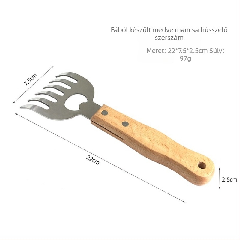 Rozsdamentes acél medvekarma húsdaráló barbecue eszköz nyéllel, üvegnyitóval és élelmiszerkeverővel
