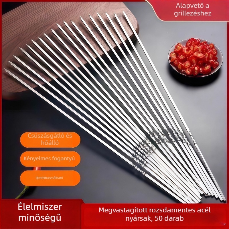 Rozsdamentes acél grillnyársak – sík és kerek kivitel, kültéri bárány kebabhoz, teljes készlet
