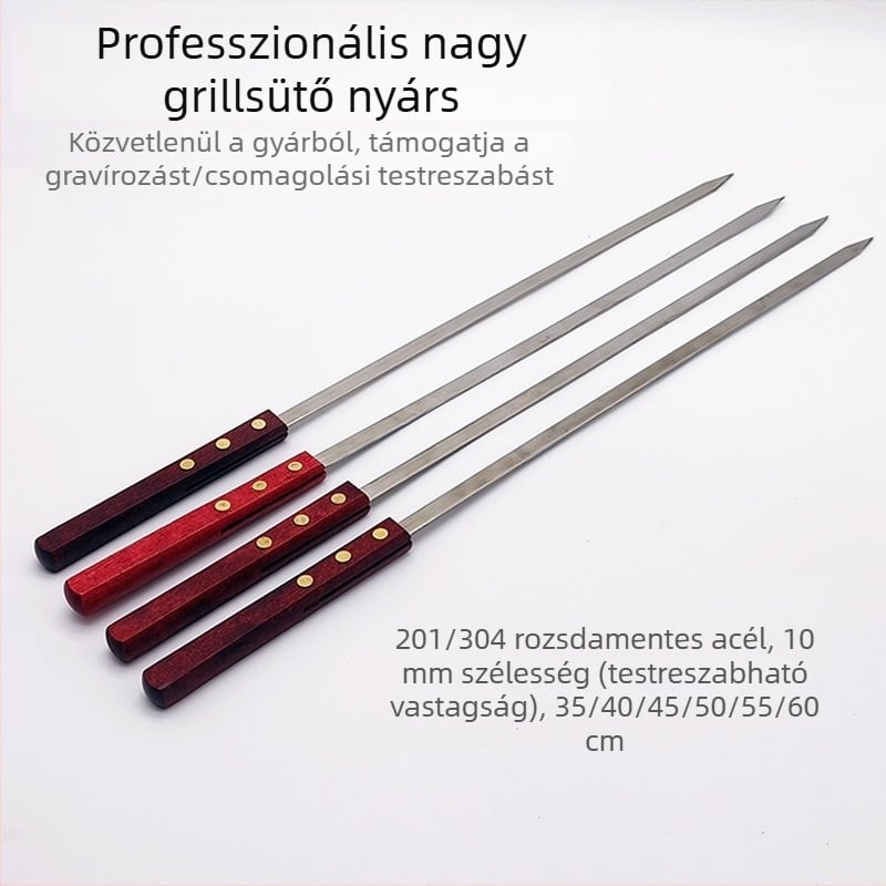 Rozsdamentes acél grillnyársak nagyfa nyélűek grillezéshez, kempingezéshez (201/304)