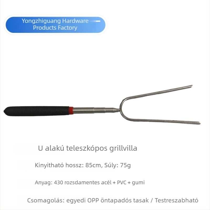 Teleszkópos rozsdamentes acél grillvilla, U-alakú, kolbászokhoz, csirkecombokhoz és marshmallowokhoz