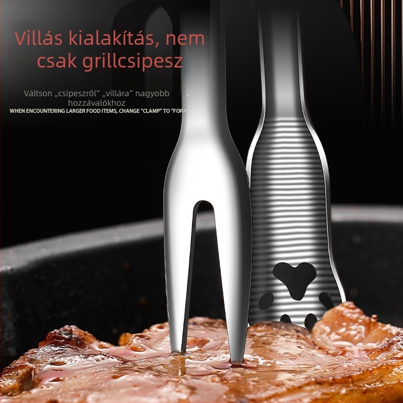 316L rozsdamentes acél függőleges grillcsipesz beépített villával – hosszított, csúszásmentes, olaj-levezetés, steakhez