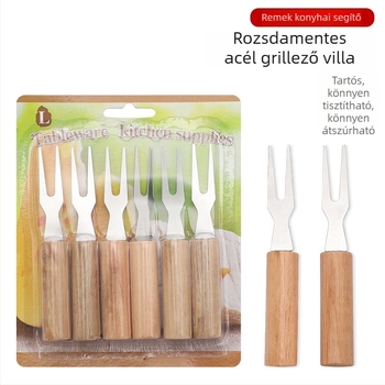 Fa nyeletű rozsdamentes acél grillsütővilla – nyársakhoz, kukoricához, csirkecombhoz és csirkeszárnyhoz; sajt fondü villa