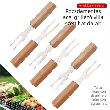 Fa nyeletű rozsdamentes acél grillsütővilla – nyársakhoz, kukoricához, csirkecombhoz és csirkeszárnyhoz; sajt fondü villa