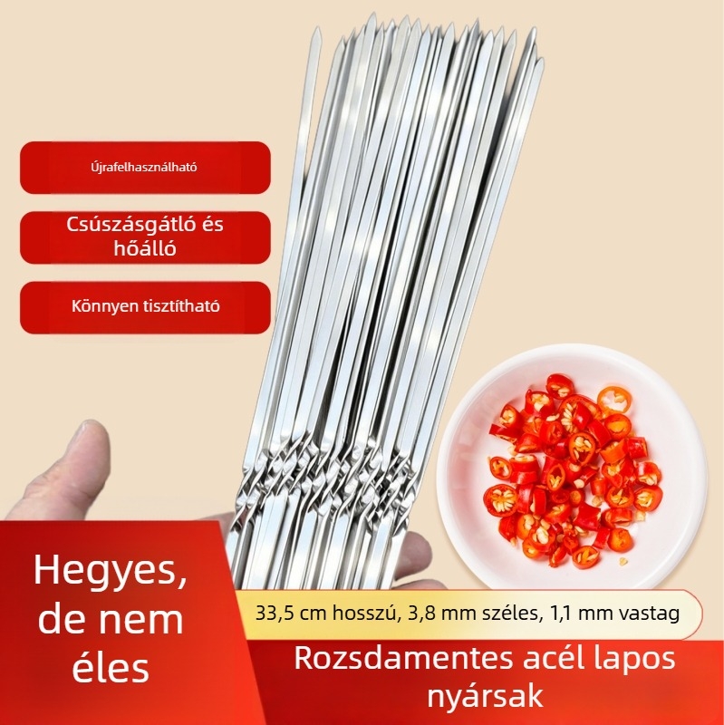 Rozsdamentes acél lapos nyársak bárány kebabhoz, kültéri grillhez, újrafelhasználható