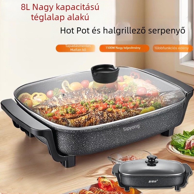 X0400 Multifunkcionális elektromos edény koreai stílusú barbecue-hoz, Maifan kő, tapadásmentes, téglalap alakú