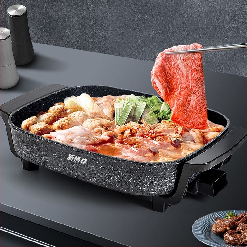 X0400 Multifunkcionális elektromos edény koreai stílusú barbecue-hoz, Maifan kő, tapadásmentes, téglalap alakú