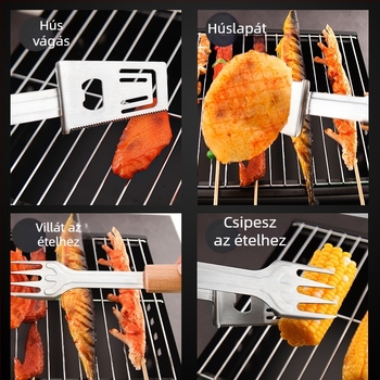 Öt az egyben kültéri és otthoni használatra készült rozsdamentes acél élelmiszer-készlet: fogó, villa, spatula, húsfogó, üvegnyitó és steak vágó