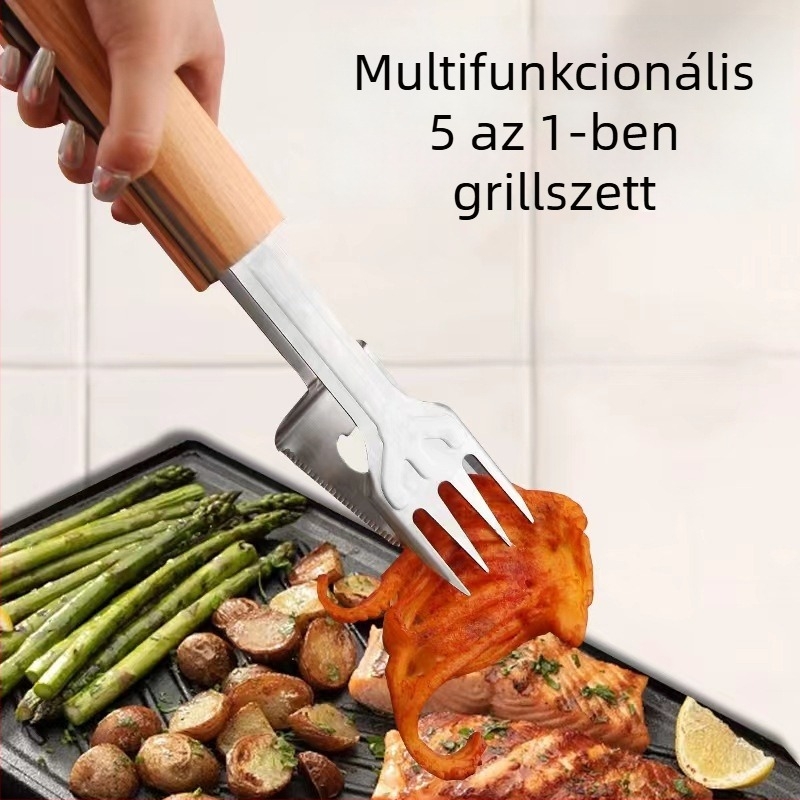 Öt az egyben kültéri és otthoni használatra készült rozsdamentes acél élelmiszer-készlet: fogó, villa, spatula, húsfogó, üvegnyitó és steak vágó