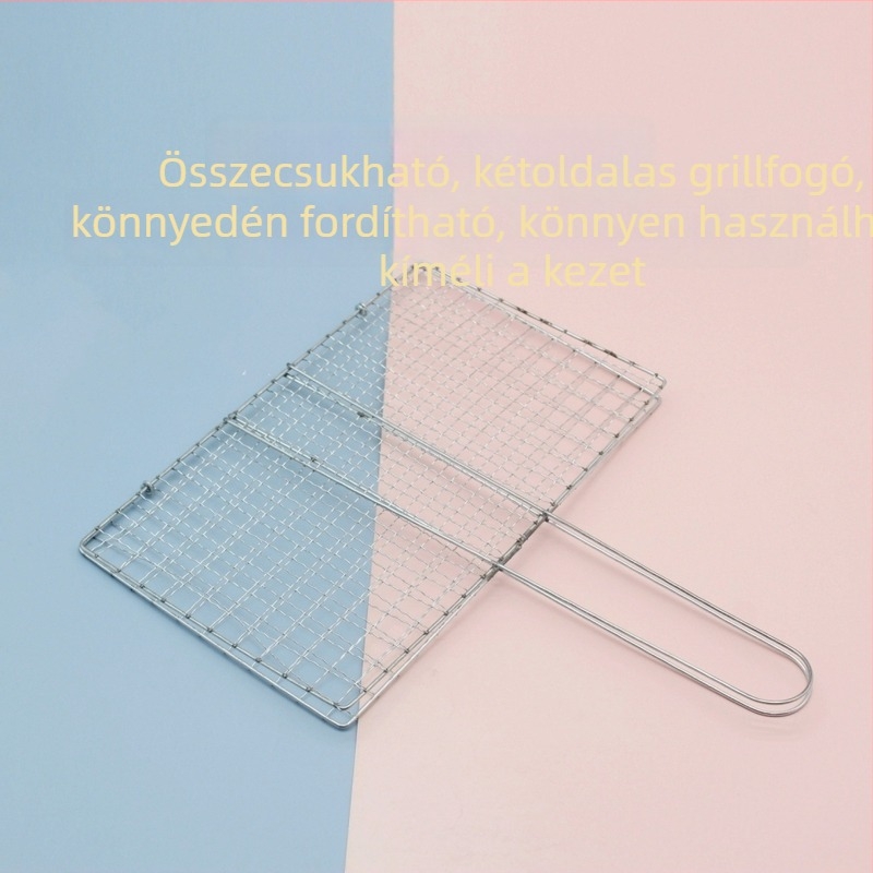 Rozsdamentes acél grillháló, téglalap alakú háló halakhoz, grillklipsz, professzionális barbecue eszköz