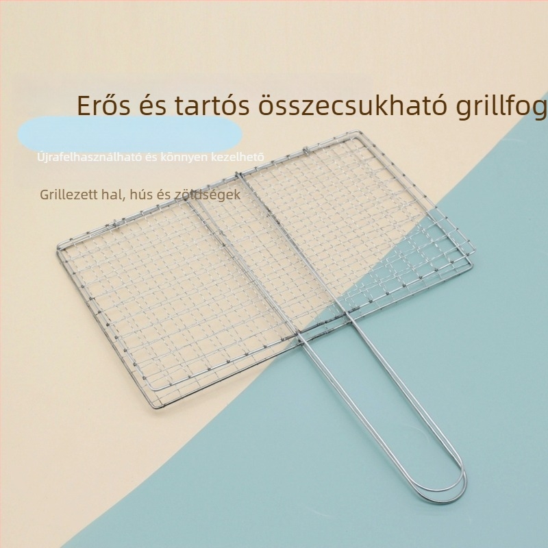 Rozsdamentes acél grillháló, téglalap alakú háló halakhoz, grillklipsz, professzionális barbecue eszköz