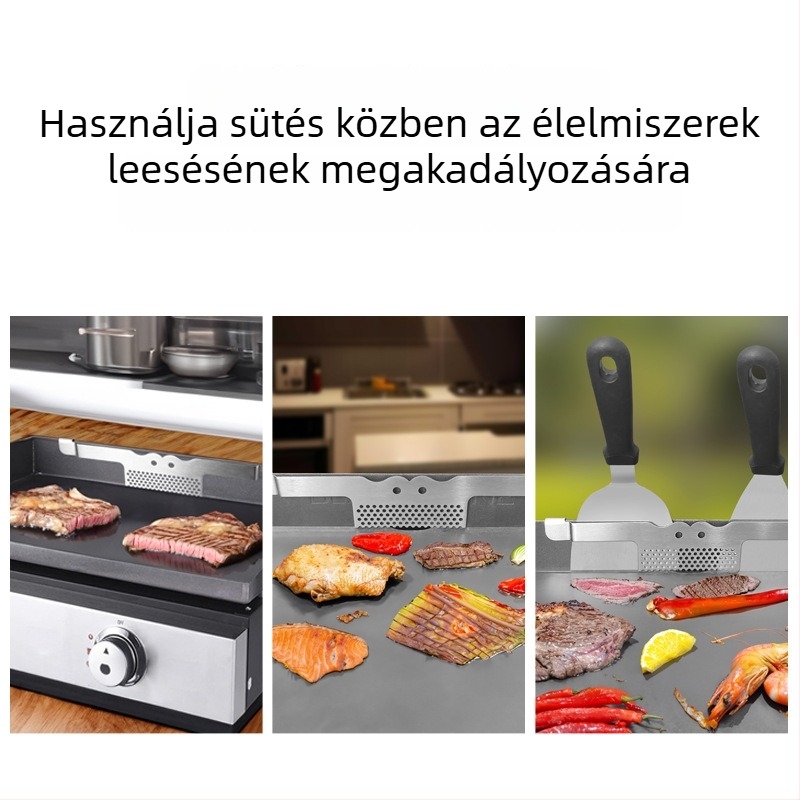 430 rozsdamentes acél BBQ kés-villa tartó grillszeparáló hálóval és 2 az 1-ben kés-spatula