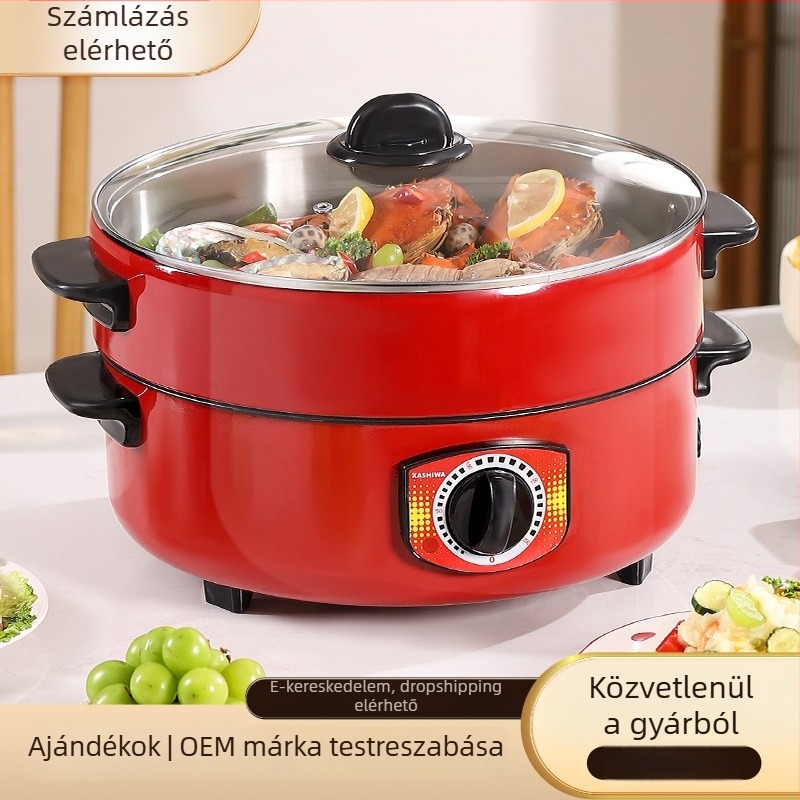 Elektromos multifunkciós főzőedény, nem tapadó belsővel, gőzölő rács és kétszintes kialakítás; kapacitás 2,1–4 l, 2–3 személyre; ideális kollégiumban és otthoni használatra.