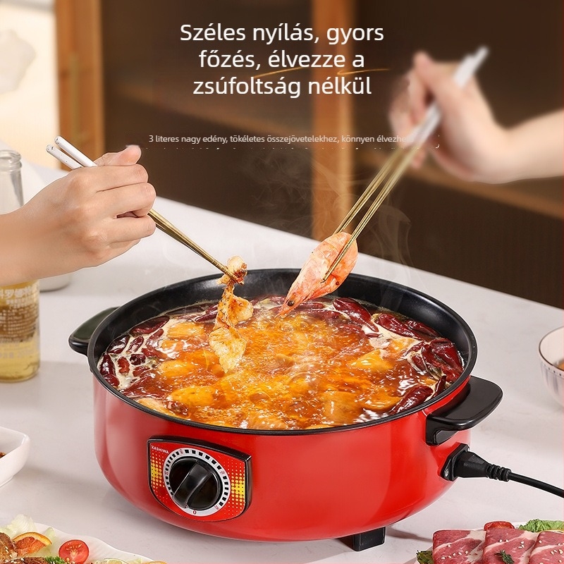Elektromos multifunkciós főzőedény, nem tapadó belsővel, gőzölő rács és kétszintes kialakítás; kapacitás 2,1–4 l, 2–3 személyre; ideális kollégiumban és otthoni használatra.
