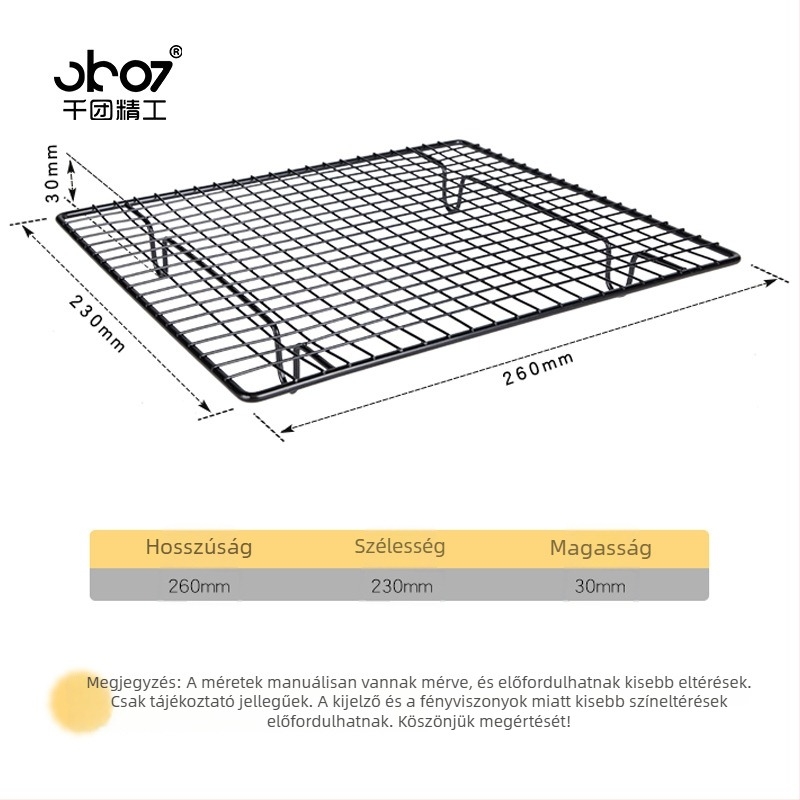Elektroplatinált szénacél grillrács, téglalap alakú, sütéshez, olaj leeresztéséhez és élelmiszerek hűtéséhez.