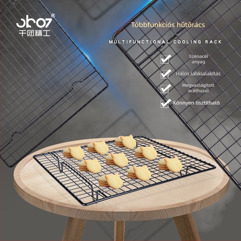 Elektroplatinált szénacél grillrács, téglalap alakú, sütéshez, olaj leeresztéséhez és élelmiszerek hűtéséhez.