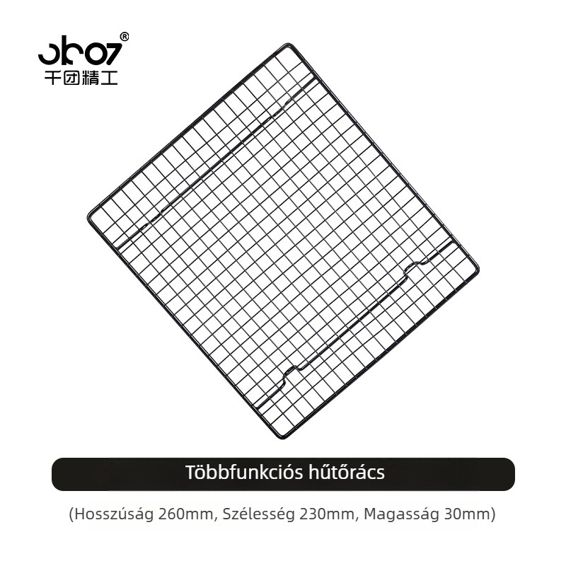 Elektroplatinált szénacél grillrács, téglalap alakú, sütéshez, olaj leeresztéséhez és élelmiszerek hűtéséhez.
