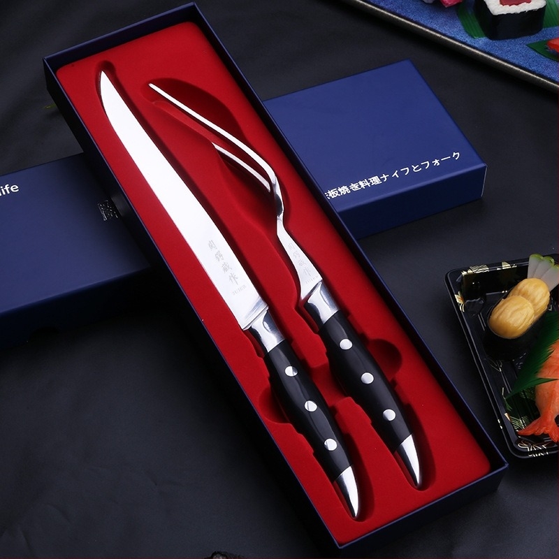 Guan E Zang Teppanyaki kés és villa készlet – japán és francia stílus tomahawk steak grillhez