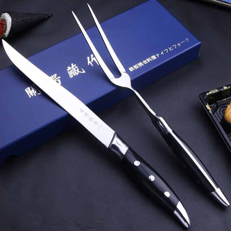 Guan E Zang Teppanyaki kés és villa készlet – japán és francia stílus tomahawk steak grillhez