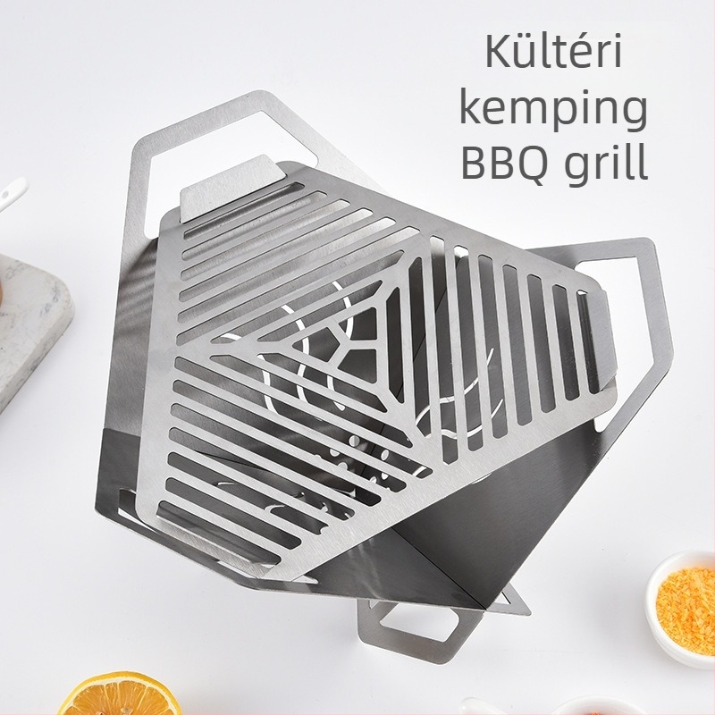 Kültéri hordozható grillsütő, háromszög alakú lótusz formájú, rozsdamentes acélból, levehető mini grill kártya-stílusban