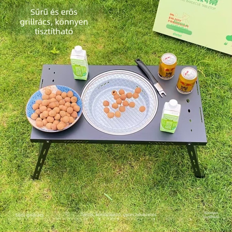 Könnyen hordozható, összecsukható grillsztal széntüzelésű grilllel, vasöntvényből, ívelt formájú, kültéri kempingezéshez, többszörös funkcióval
