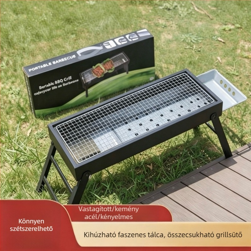 Könnyen hordozható, összecsukható grillsztal széntüzelésű grilllel, vasöntvényből, ívelt formájú, kültéri kempingezéshez, többszörös funkcióval