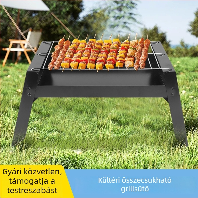 Összecsukható, füstmentes kültéri szén grill, négyzetes alak, hordozható, vasból