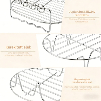 FCM-tanúsítvánnyal rendelkező légsütő grillsütő-rács, kör alakú lemez, háromrétegben összecsukható toastgőzölő állvány, rozsdamentes acél dupla rétegű nyársak