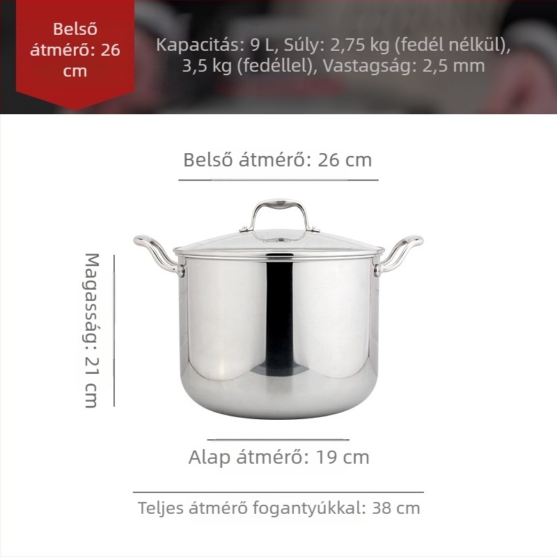 Chockmen Zhuo Deming 18/10 Rozsdamentes acél leveses fazék, mély, nagy kapacitás, üvegfedő